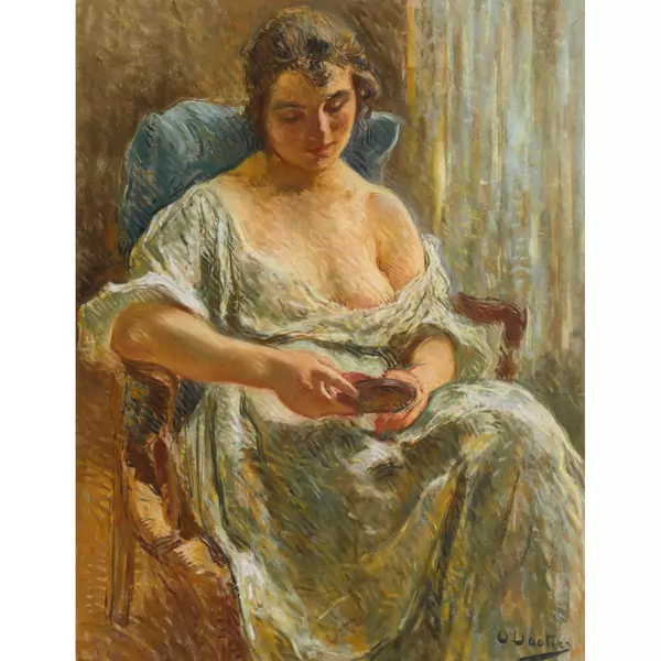 Sitzende Dame mit Puderdose