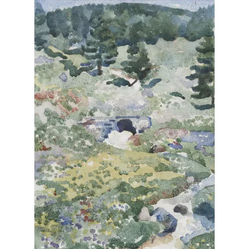 Otto Wyler — Sommerliche Landschaftspartie mit Bergbach und Brücke.