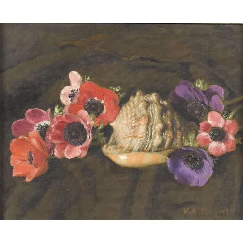 Paul-André Robert — Nature morte avec fleurs et coquillage.