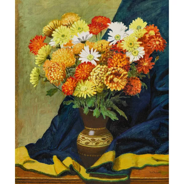 Paul-André Robert — Blumenstillleben mit Stoffdraperie.