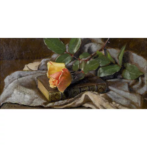 Paul-André Robert — Stillleben mit Rose auf einem Buch.