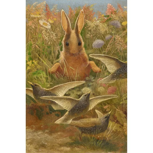 Paul-André Robert — Kaninchen und Vögel auf einer Wiese.