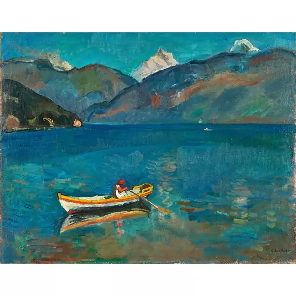 Bergsee mit Bäuerin im Ruderboot