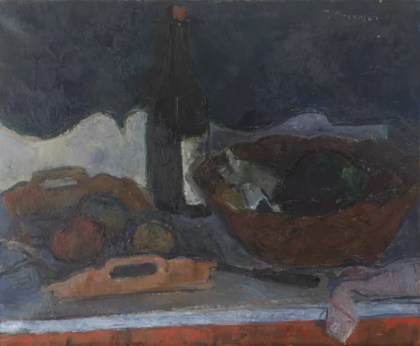 Paul Bezençon — Nature morte au panier de pain, bouteille et plateau de pommes