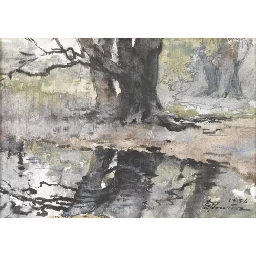 Paul Bouvier — Herbstliche Uferpartie mit Bäumen.