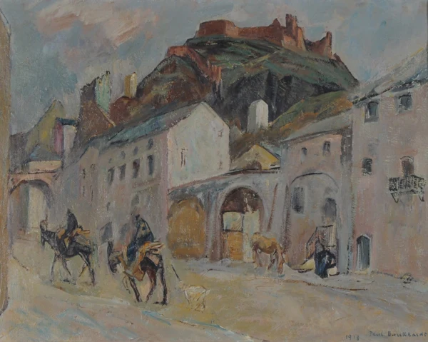 Paul Burckhardt — Häuserpartie in Sitten mit Blick auf Tourbillon, 1918