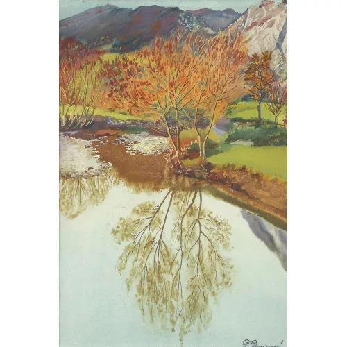 Paul Demme — Herbstliche Landschaftspartie mit Weiher im Gebirge.