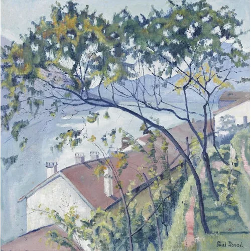 Paul Donzé — Tessiner Seeufer mit Häusern und Bäumen.