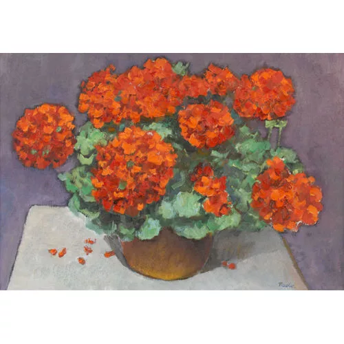 Paul Jakob Müller — Rote Geranien in Blumentopf vor violettem Grund.