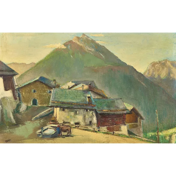 Paul Jakob Müller — Bergdorf mit Bäuerin am Brunnen.