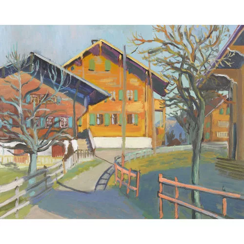 Paul Jakob Müller — Dorfstrasse in Faltschen mit dem alten Schulhaus.