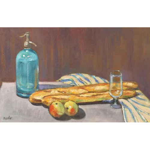 Paul Jakob Müller — Stillleben mit Siphonflasche, Baguettes und Äpfeln.