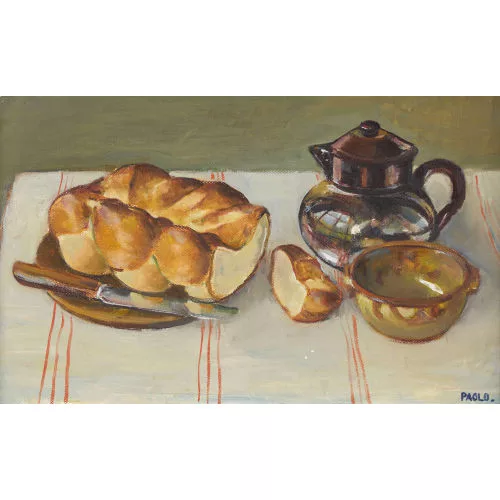 Paul Jakob Müller — Stillleben mit Kanne und angeschnittenem Zopf.