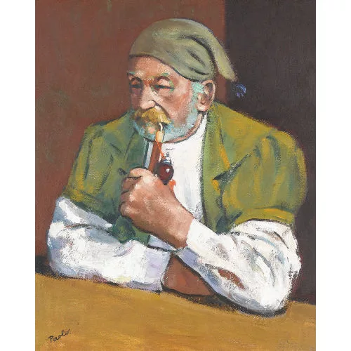 Paul Jakob Müller — Bauer mit Pfeife und Zipfelmütze am Tisch.