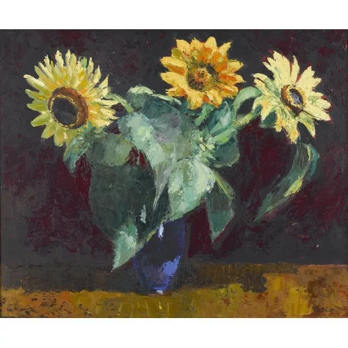 Paul Jakob Müller — Sonnenblumen in blauer Vase.
