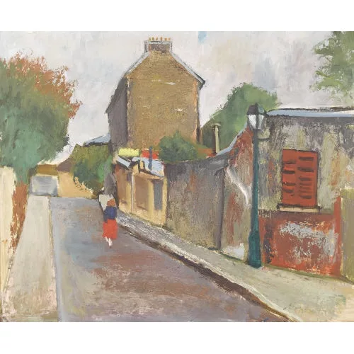 Paul Jakob Müller — Sommerliche Strassenpartie mit einer Frau im roten Kleid.