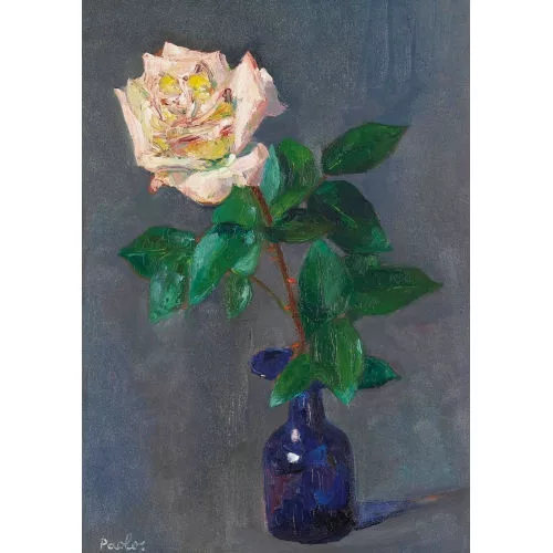 Paul Jakob Müller — Rose in blauer Glasvase.