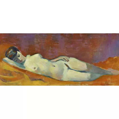 Paul Jakob Müller — Frauenakt vor orangerotem Grund.