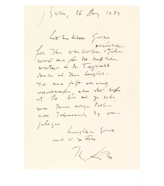Paul Klee — Brief an Bernhard Geiser, datiert 26.12.1939 mit Briefumschlag (Poststempel 27.XII.1939) — Galerie Kornfeld