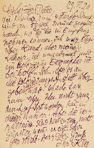 Paul Klee — 2 eigenhändige Postkarten mit Unterschrift «Klee». München 26.IV. und 29.V.1920. — Galerie Kornfeld
