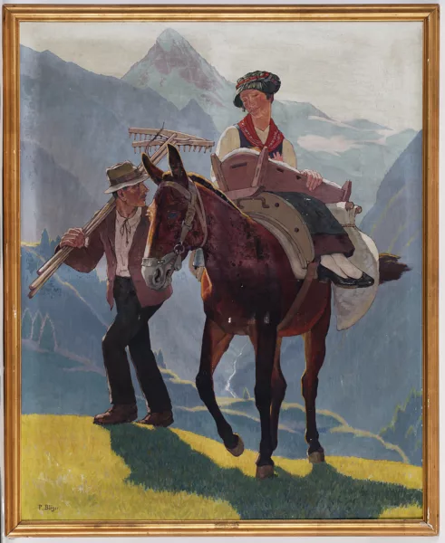 Paul Léon Bléger — Famille de paysans du Val d'Hérens et mulet devant la Dent Blanche,
