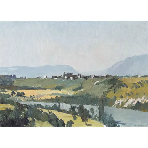 Paul Mathey — Flusspartie mit kleinem Dorf vor Bergkette.