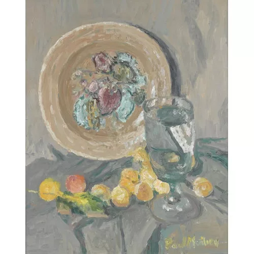 Paul Mathey — Stillleben mit bemaltem Teller, Glas und Aprikosen.