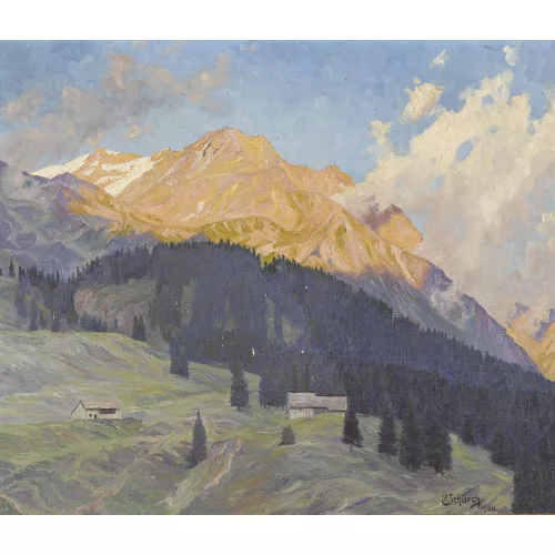 Paul Schürch — Gebirgspartie mit Bauernhöfen vor Alpenfirn.