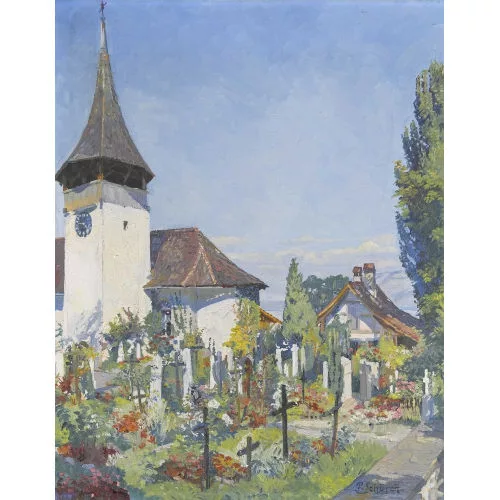 Paul Schürch — Kirchenansicht mit Friedhof in Leissigen am Thunersee.