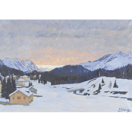 Verschneite Engadiner Landschaft im Abendrot