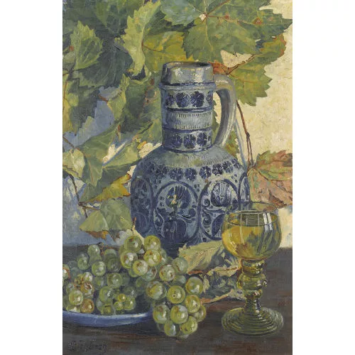 Paul Schürch — Stillleben mit Steinzeugkrug, Weinglas und Trauben.