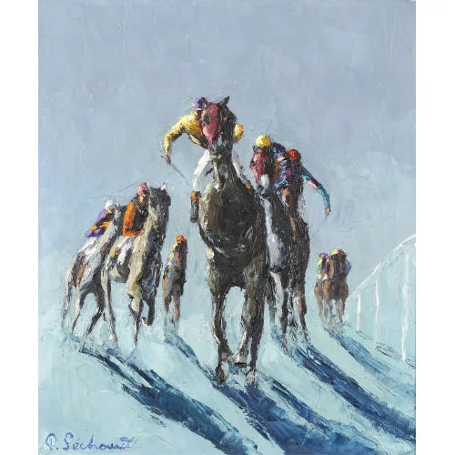 Paul Séchaud — Reitende Jockeys vor blauem Grund.