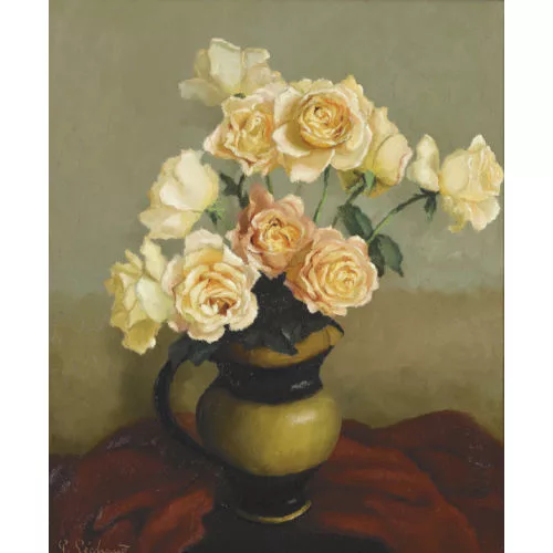 Paul Séchaud — Stillleben mit Rosen in einem Henkelkrug.