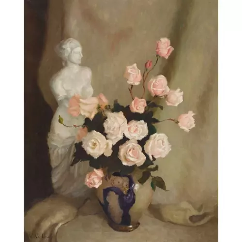 Stillleben mit Rosen und Venus-Skulptur