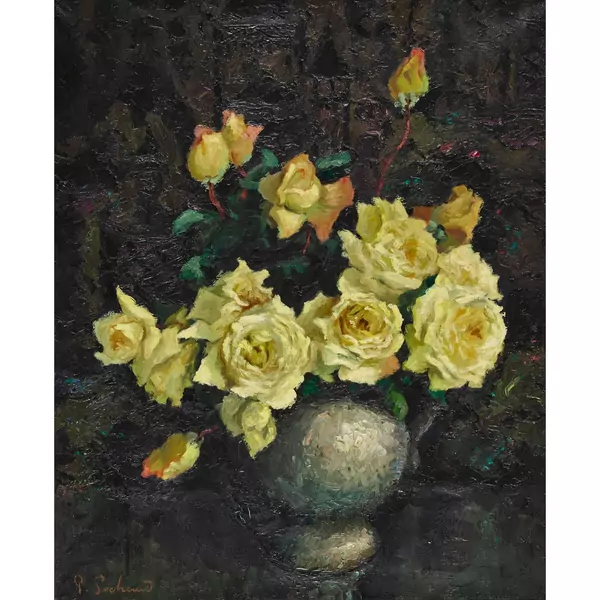 Gelbe Rosen in kugelbauchiger Vase