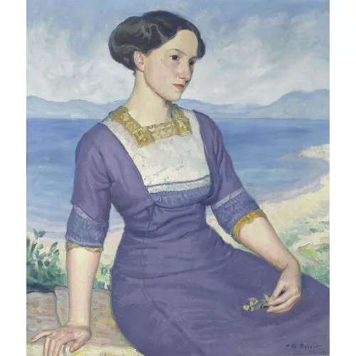 Paul Théophile Robert — Porträt einer Dame vor Seelandschaft.