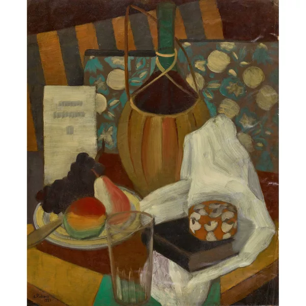Paul Théophile Robert — Nature morte au bouteille de vin et fruits.