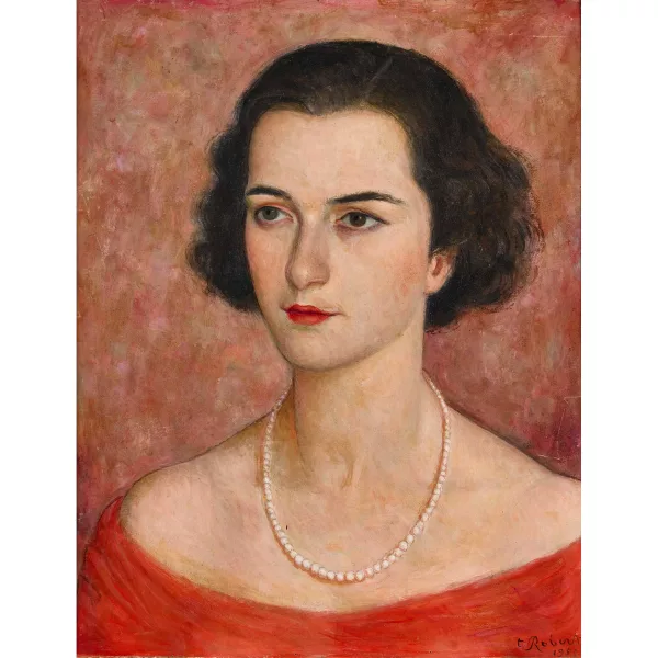 Paul Théophile Robert — Porträt einer Frau mit Perlenkette und rotem Kleid.