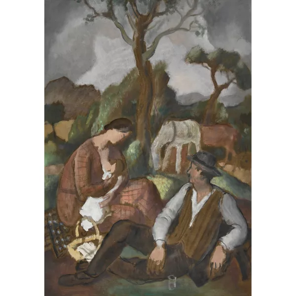 Paul Théophile Robert — Rastendes Paar mit Säugling und Pferden.