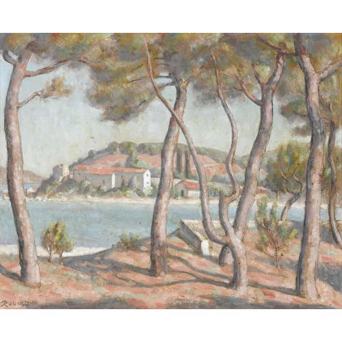 Paul Théophile Robert — Südliche Landschaft mit Pinien am Strand.