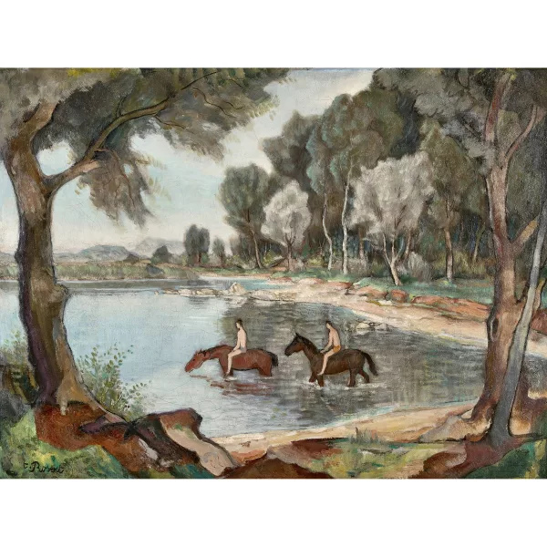 Paul Théophile Robert — Zwei Reiter am sommerlichen Ufer.