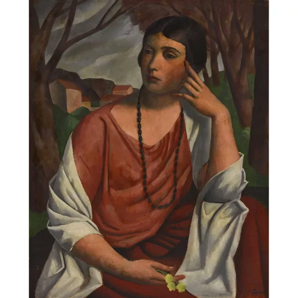 Paul Théophile Robert — Porträt einer nachdenklichen Dame vor Landschaft.