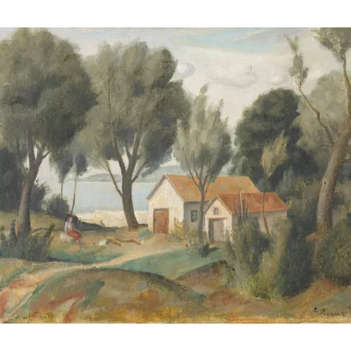 Paul Théophile Robert — Frau vor Hütten am Neuenburgersee.