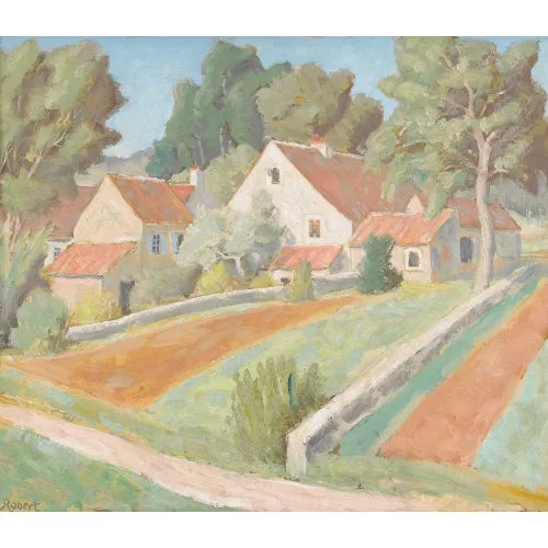Paul Théophile Robert — Sommerlandschaft mit Bauernhäusern.