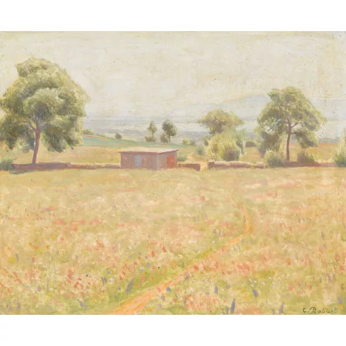 Paul Théophile Robert — Sommerliche Wiesenlandschaft mit Seeblick.