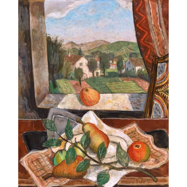 Paul Théophile Robert — Obstschale vor offenem Fenster.