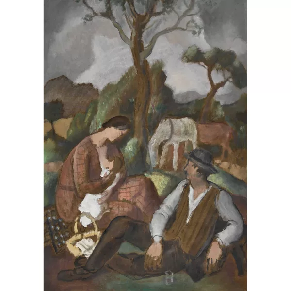 Paul Théophile Robert — Rastendes Paar mit Säugling und Pferden.