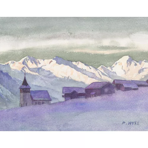 Paul Wyss — Wintermorgen im Gebirge mit einem Dorf.