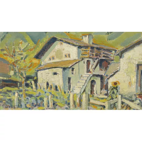 Percival Pernet — Dorfpartie im Wallis mit Bäuerin.