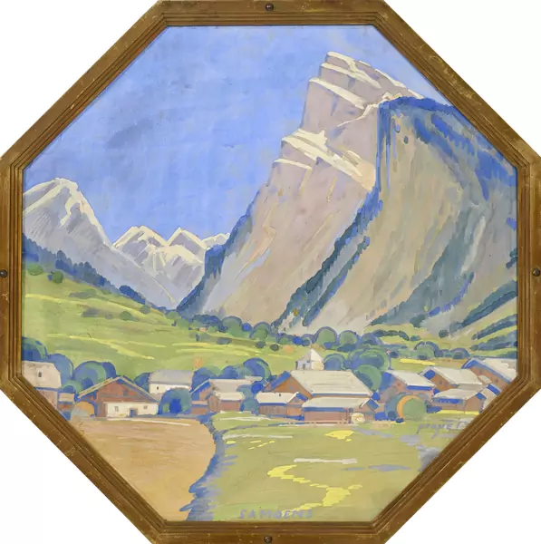Percival Pernet — Paysages de montagnes suisses ("Vallée de la Dranse", "Morzine", "La Chartreuse du Reposoir", "Col d'Anterne", "Samoëns"), suite de 5 gouaches sur carton, signées et titrées, contresignées au verso, 68x68 cm (à vue)